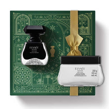 Kit de Natal Elysée Succès d’O Boticário, com perfume Eau de Parfum e creme hidratante acetinado, apresentado em elegante caixa verde com laço dourado.