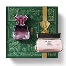 Kit de Natal oBoticário Elysée Nuit — caixa verde com laço dourado, perfume roxo e creme acetinado rosa, presente feminino elegante e luxuoso.