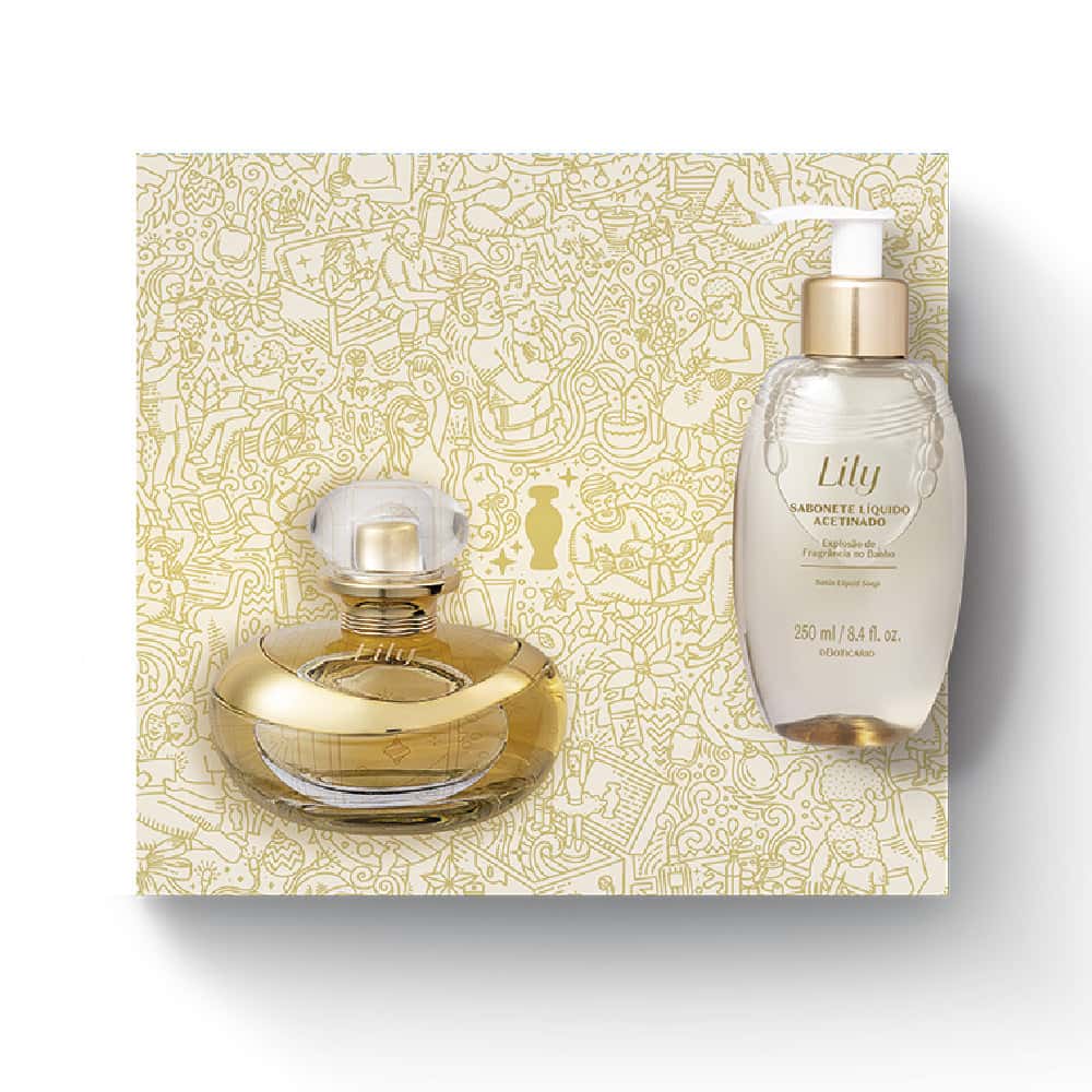 Kit de Natal oBoticário Lily — caixa dourada ilustrada, perfume Lily dourado e sabonete líquido acetinado, presente feminino elegante e floral.