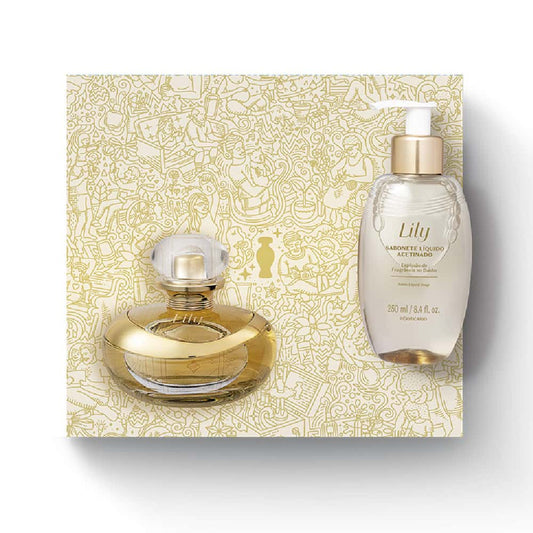 Kit de Natal oBoticário Lily — caixa dourada ilustrada, perfume Lily dourado e sabonete líquido acetinado, presente feminino elegante e floral.