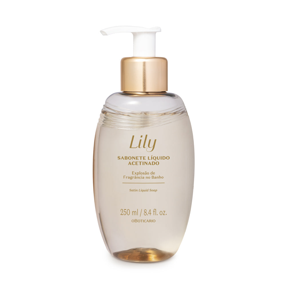 Sabonete Líquido Acetinado Lily do oBoticário — frasco transparente com tampa dourada e fragrância floral clássica.