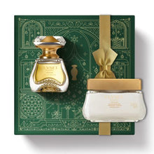 Kit de Natal oBoticário Elysée Blanc — caixa verde decorada com laço dourado, perfume Elysée Blanc dourado e creme acetinado, presente feminino luxuoso e sofisticado.