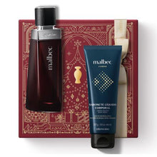 Kit de Natal oBoticário Malbec — caixa vermelha com laço dourado, perfume Malbec e gel de banho corpo e cabelo Malbec Club, presente masculino elegante e sofisticado.