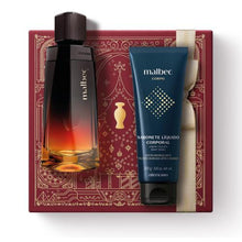 Kit de Natal oBoticário Malbec X — caixa vermelha com laço dourado, perfume Malbec X e gel de banho corpo e cabelo Malbec Club, presente masculino elegante e sedutor.