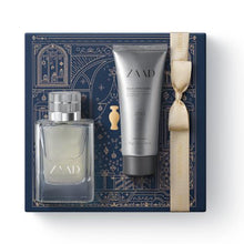 Kit de Natal oBoticário Zaad Banho — caixa azul com laço dourado, perfume Zaad e balm pós-barba prateado, presente masculino elegante e fresco.