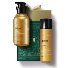 Kit de Natal Nativa SPA Quinoa do oBoticário — caixa verde com laço dourado, loção corporal dourada de 400 ml e body splash dourado de 200 ml, presente feminino elegante e nutritivo.