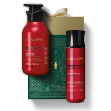 Kit de Natal Nativa SPA Morango Ruby do oBoticário — caixa verde com laço dourado, loção corporal vermelha de 400 ml e body splash vermelho de 200 ml, presente feminino vibrante e perfumado.