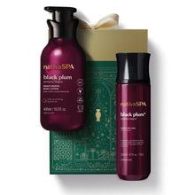 Kit de Natal Nativa SPA Ameixa Negra do oBoticário — caixa verde com laço dourado, loção corporal roxa de 400 ml e body splash roxo de 200 ml, presente feminino intenso e sofisticado.