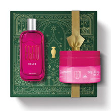Kit de Natal Egeo Dolce do oBoticário — caixa verde com laço dourado, perfume rosa de 90 ml e mousse corporal rosa de 250 g, presente feminino doce e vibrante.