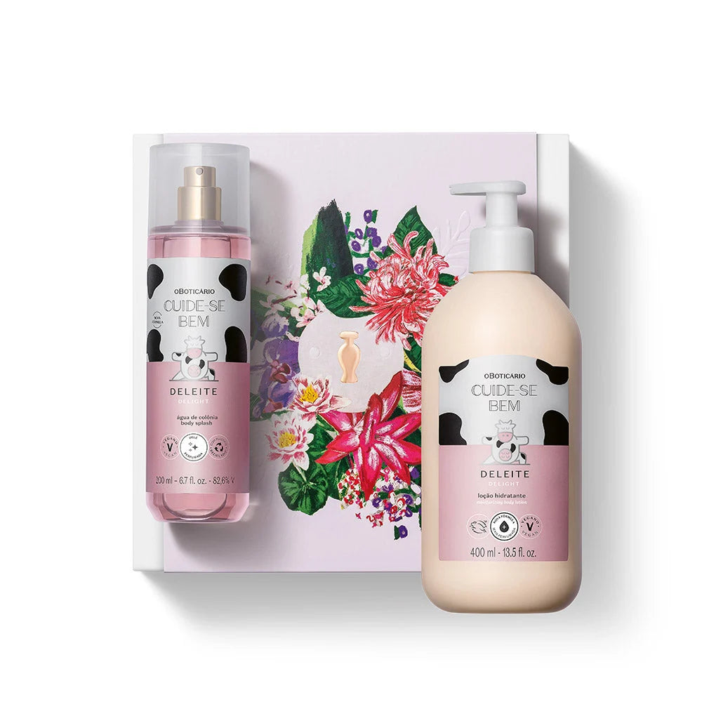 Coffret Cuide-se Bem Deleite com loção corporal e body splash fragrância doce gourmand oBoticário