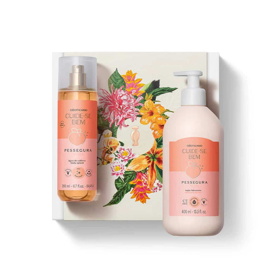 Coffret Cuide-se Bem Pessegura oBoticário com loção corporal e body splash de pêssego em caixa presente
