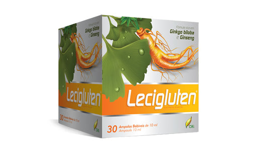 Embalagem de Lecigluten com 30 ampolas bebíveis de 10 ml, em caixa branca e laranja com ilustração de folhas de ginkgo biloba e raiz de ginseng.