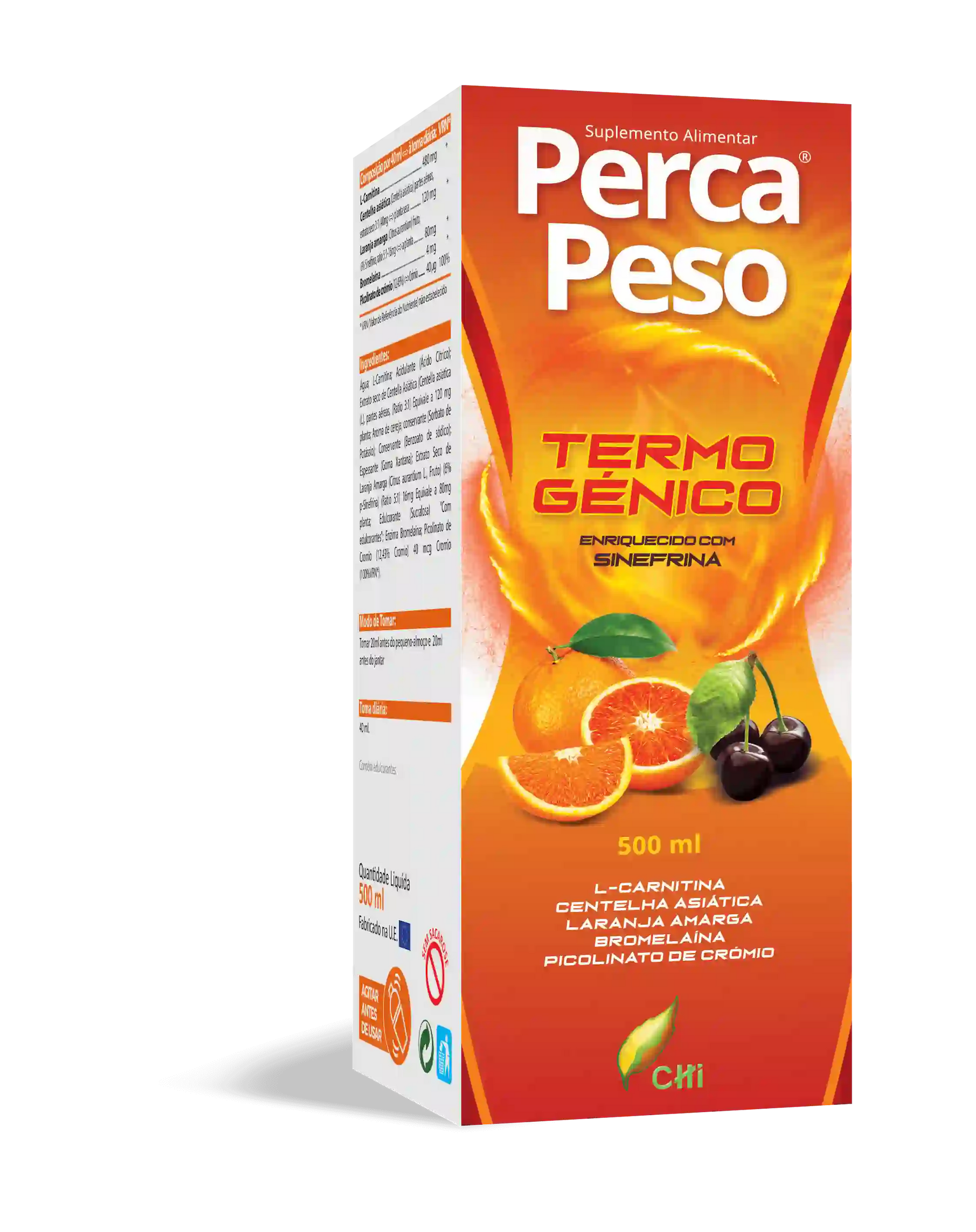 Embalagem do suplemento alimentar Perca Peso Termogénico da Chi, xarope de 500 ml com design em tons de laranja e vermelho, associado ao apoio do metabolismo e controlo do peso.