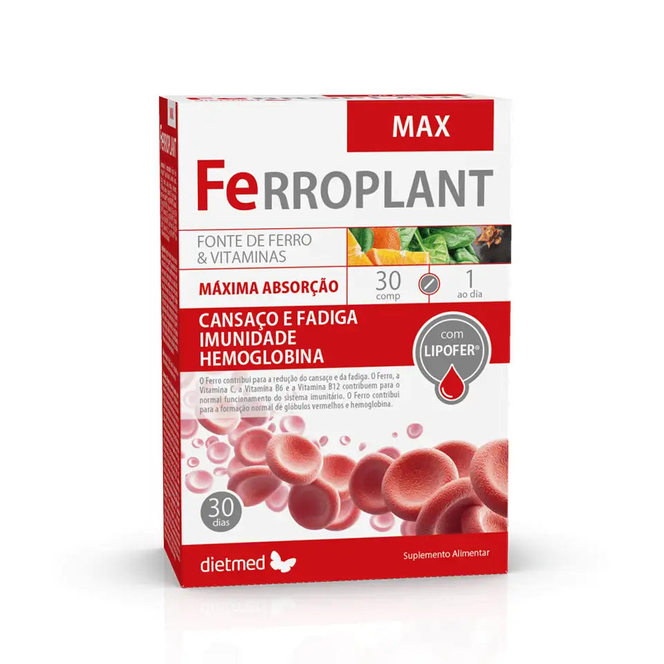 Embalagem de Ferroplant MAX da Dietmed, suplemento alimentar com ferro e vitaminas, caixa vermelha e branca com 30 comprimidos.