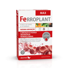 Embalagem de Ferroplant MAX da Dietmed, suplemento alimentar com ferro e vitaminas, caixa vermelha e branca com 30 comprimidos.