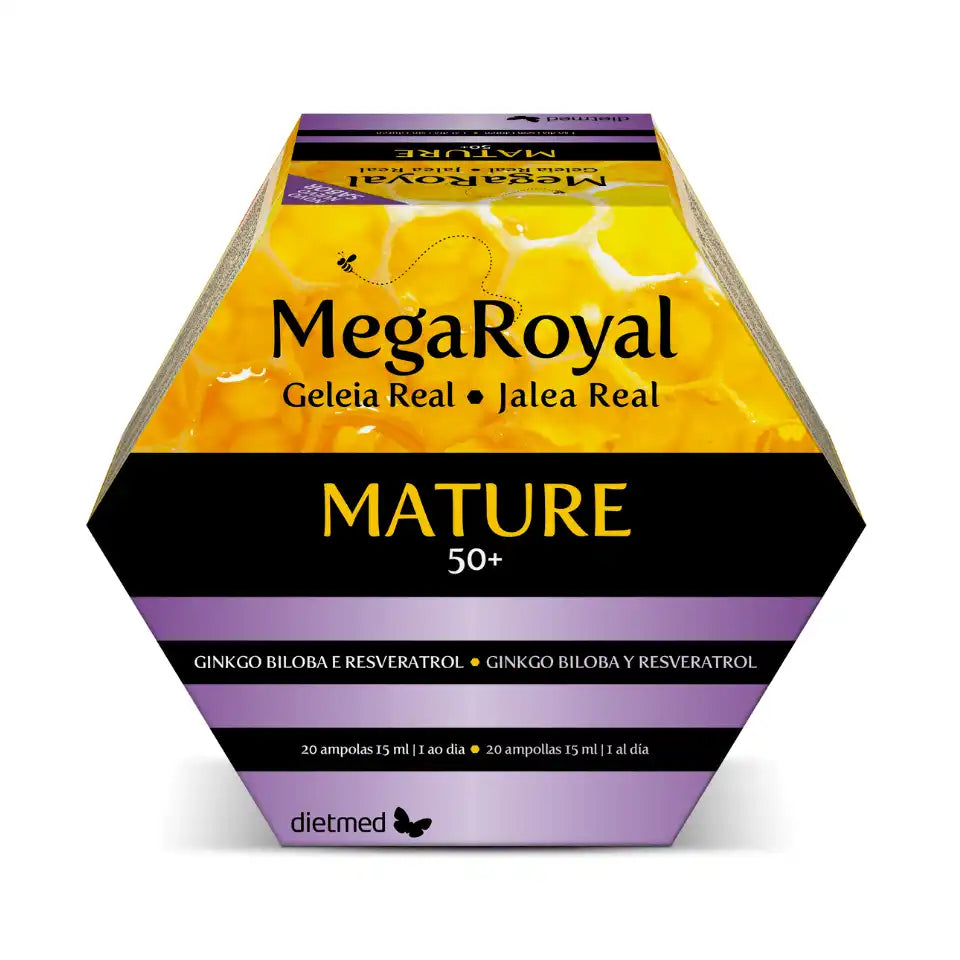 Embalagem de MegaRoyal Mature 50+ Dietmed, caixa amarela, preta e roxa com 20 ampolas bebíveis de 15 ml.