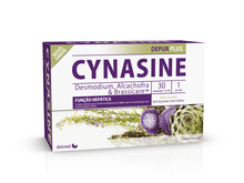 Embalagem de Cynasine Depur Plus, suplemento em caixa roxa e branca com 30 ampolas bebíveis de 15 ml, sabor a limão.