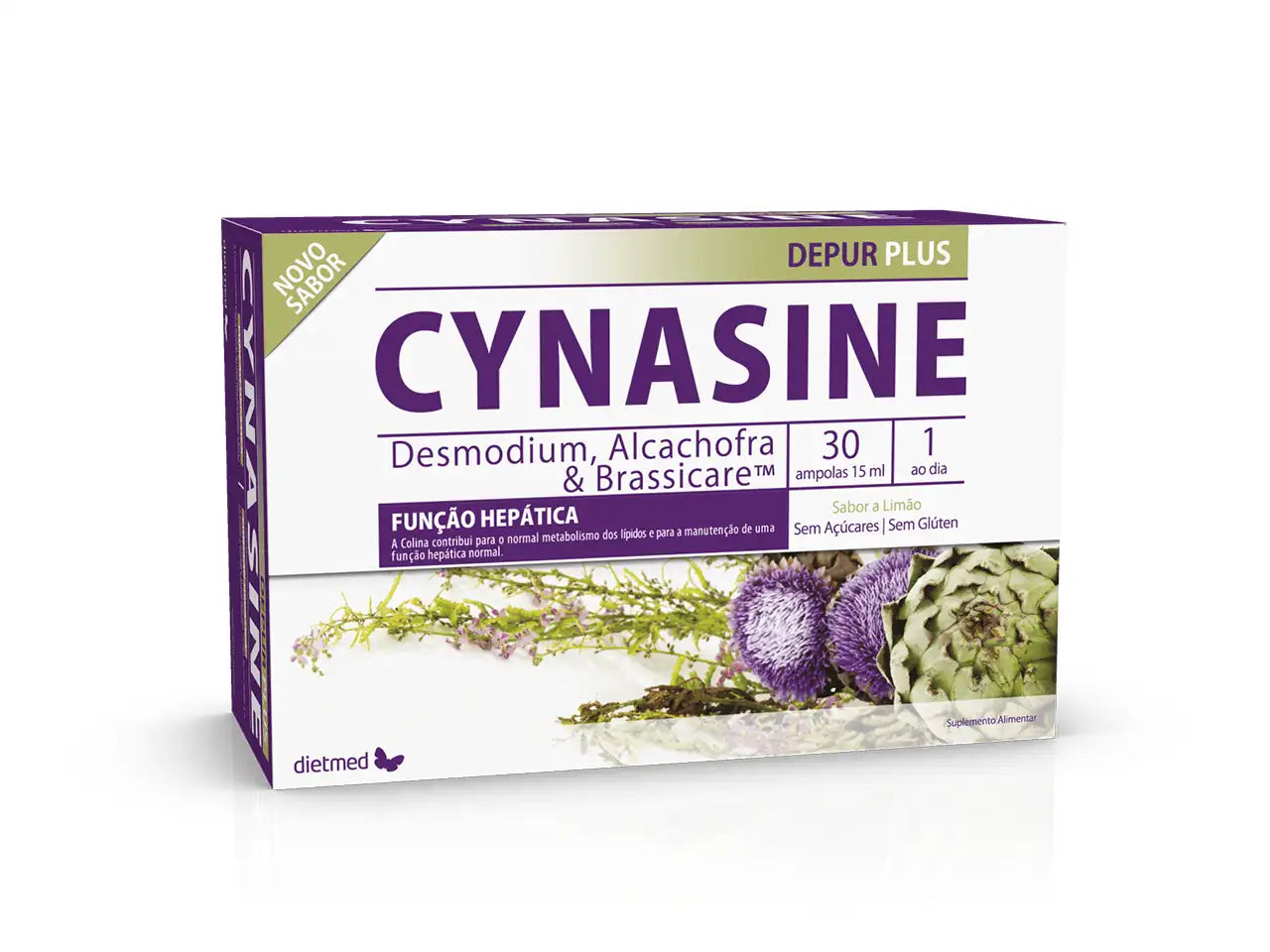Embalagem de Cynasine Depur Plus, suplemento em caixa roxa e branca com 30 ampolas bebíveis de 15 ml, sabor a limão.