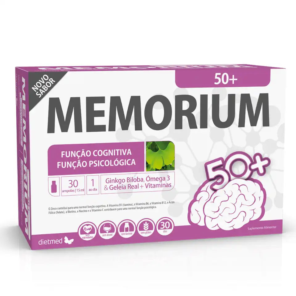 Embalagem de Memorium 50+ Dietmed, suplemento alimentar em caixa com 30 ampolas bebíveis de 15 ml, com Ginkgo biloba, ómega 3 e geleia real.