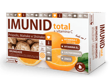 Caixa de Imunid Total + Vitamina C Dietmed com 20 ampolas bebíveis de 15 ml, decorada com laranjas e cogumelos maitake e shiitake.