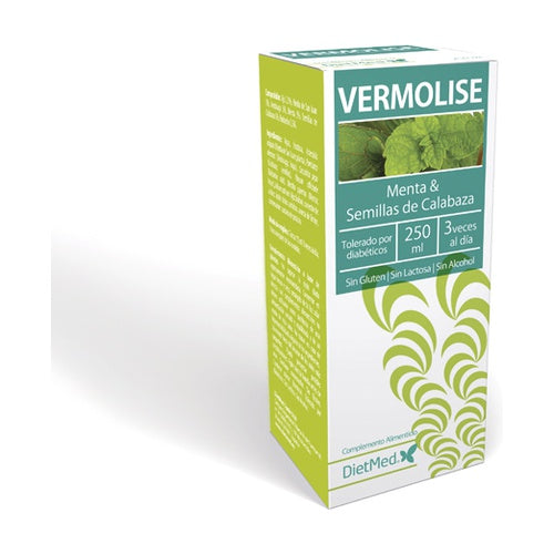 Embalagem de cartão branca e verde de Vermolise Dietmed, solução oral de 250 ml, com ilustração vegetal na frente.