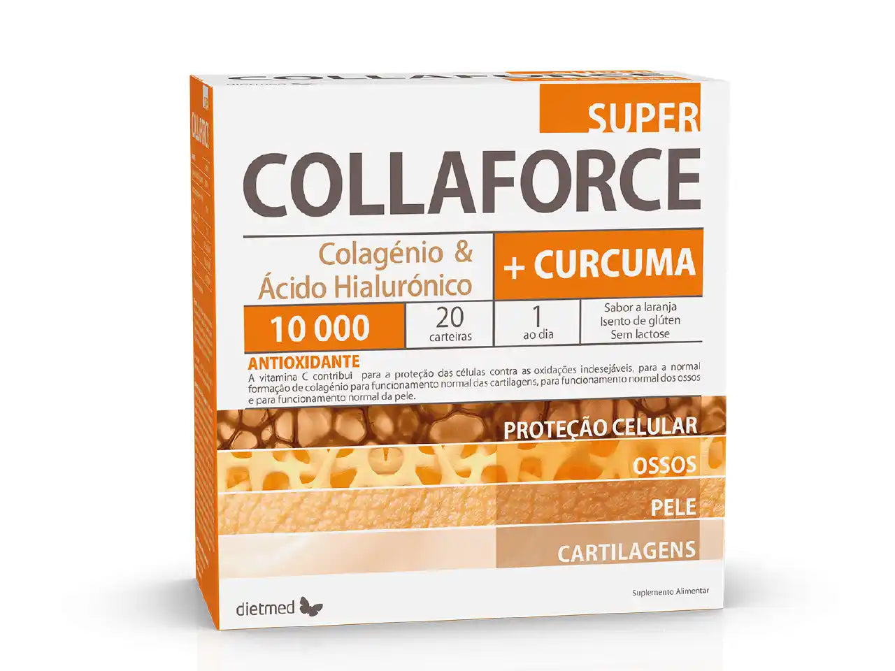 Collaforce + Curcuma Dietmed 20 carteiras de colagénio hidrolisado com ácido hialurónico, curcuma, vitamina C, magnésio e vitamina D para cartilagens, ossos e pele.