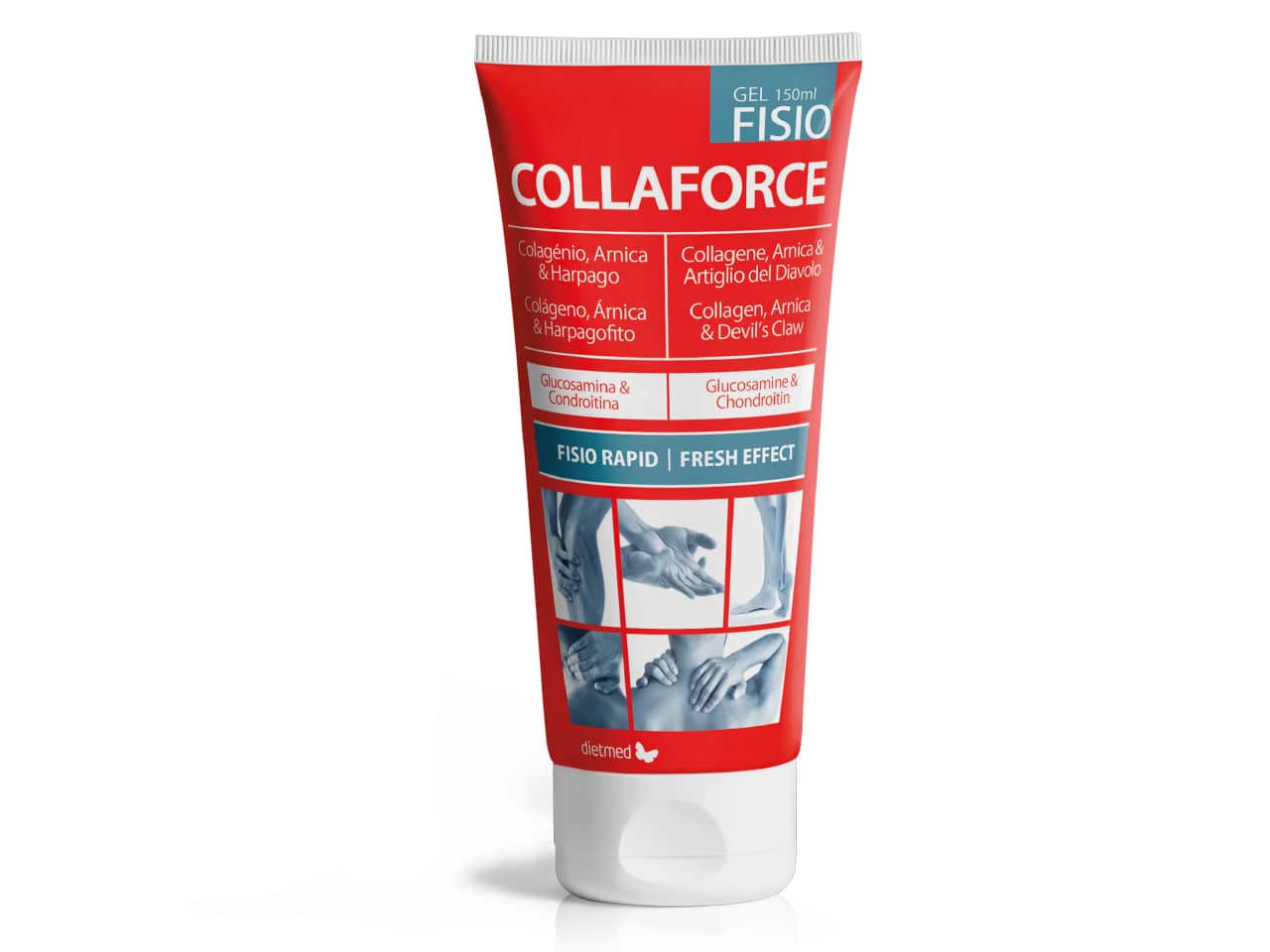 Bisnaga de Collaforce Fisio Vermelha e branca com imagens da aplicação do produto