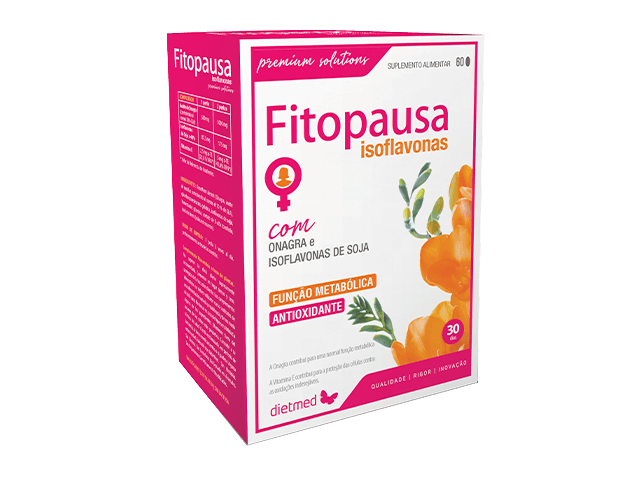 Embalagem de Fitopausa Isoflavonas, suplemento alimentar em caixa rosa e branca com 60 cápsulas.