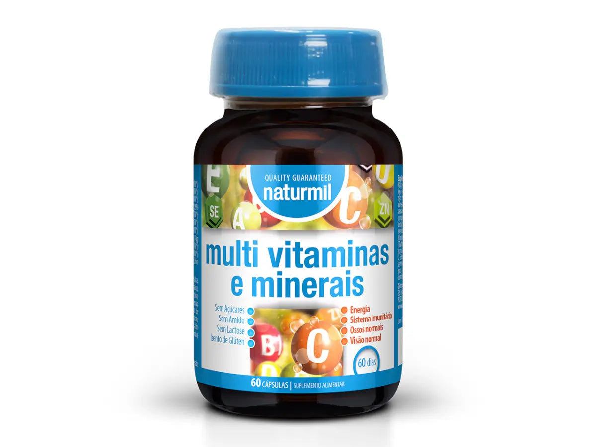 Frasco castanho de Multivitaminas e Minerais Naturmil, com tampa azul e rótulo branco e azul, embalagem de 60 cápsulas.