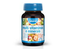 Frasco castanho de Multivitaminas e Minerais Naturmil, com tampa azul e rótulo branco e azul, embalagem de 60 cápsulas.