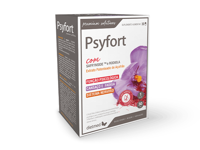 Caixa de Psyfort Dietmed, suplemento alimentar de 30 cápsulas, com ilustração de flor de açafrão na frente.