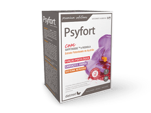 Caixa de Psyfort Dietmed, suplemento alimentar de 30 cápsulas, com ilustração de flor de açafrão na frente.