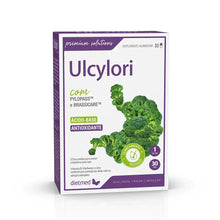Embalagem de Ulcylori Dietmed, suplemento alimentar de 30 cápsulas, em caixa branca e roxa com imagem de brócolos.