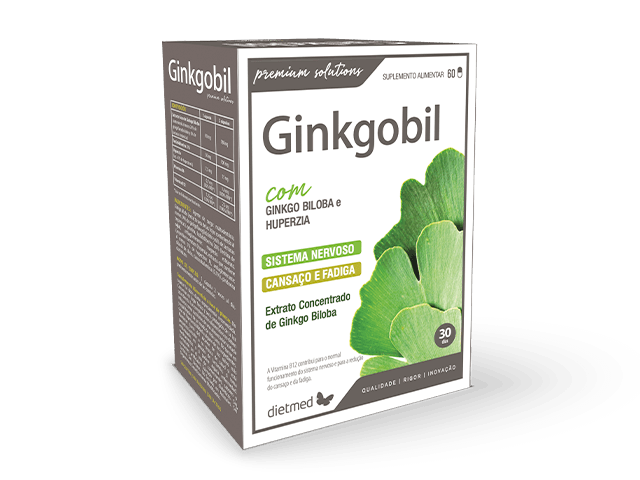 Embalagem cinzenta-acastanhada escura de Ginkgobil Dietmed, em caixa vertical, com texto verde e imagem de folha de ginkgo na frente.