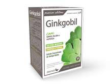 Embalagem cinzenta-acastanhada escura de Ginkgobil Dietmed, em caixa vertical, com texto verde e imagem de folha de ginkgo na frente.