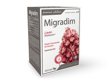 Embalagem de cartão branca e cinzenta de Migradim Dietmed, com ilustração floral rosa na frente.