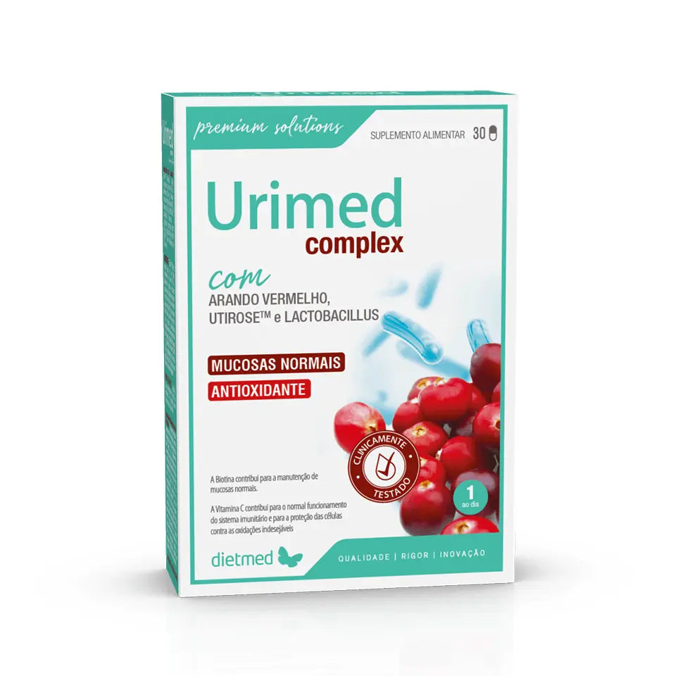 Embalagem branca e verde-água de URIMED Complex Dietmed, suplemento alimentar com arando vermelho, UTIrose e lactobacilos, 30 cápsulas.