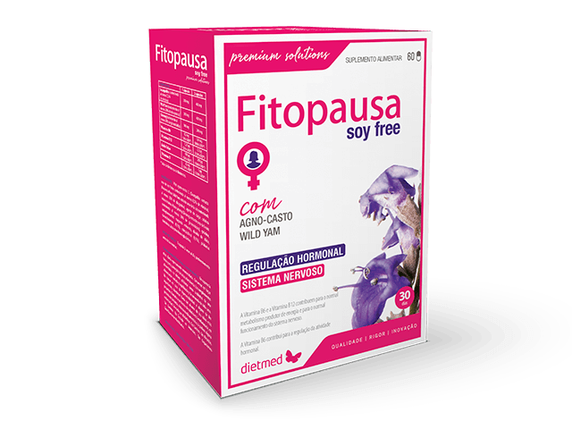 Embalagem de Fitopausa Soy Free da Dietmed, suplemento alimentar em caixa rosa e branca com 60 cápsulas.