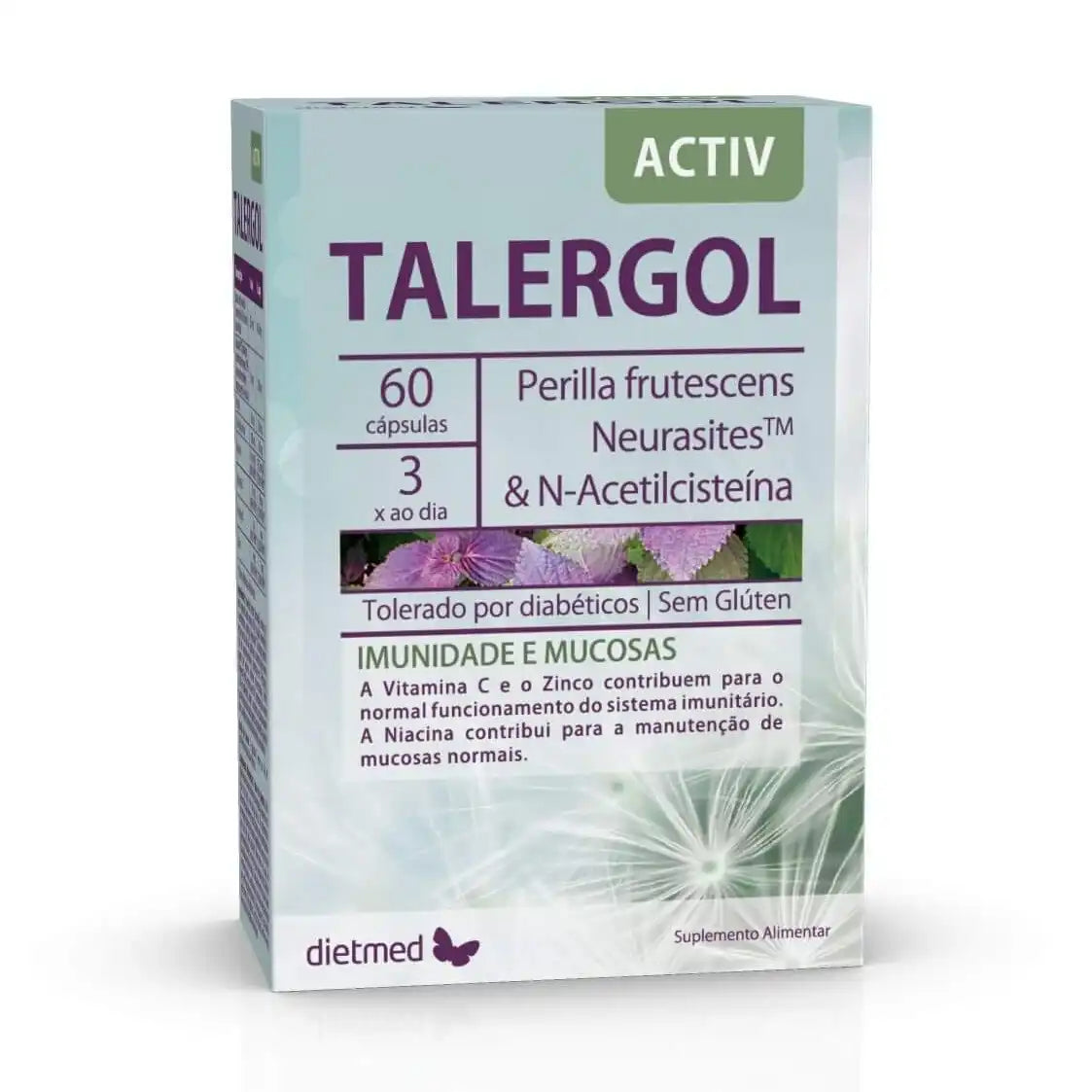 Embalagem de Talergol Activ Dietmed com 60 cápsulas, suplemento alimentar sem glúten, em caixa branca e verde-clara.