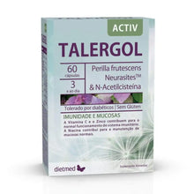 Embalagem de Talergol Activ Dietmed com 60 cápsulas, suplemento alimentar sem glúten, em caixa branca e verde-clara.