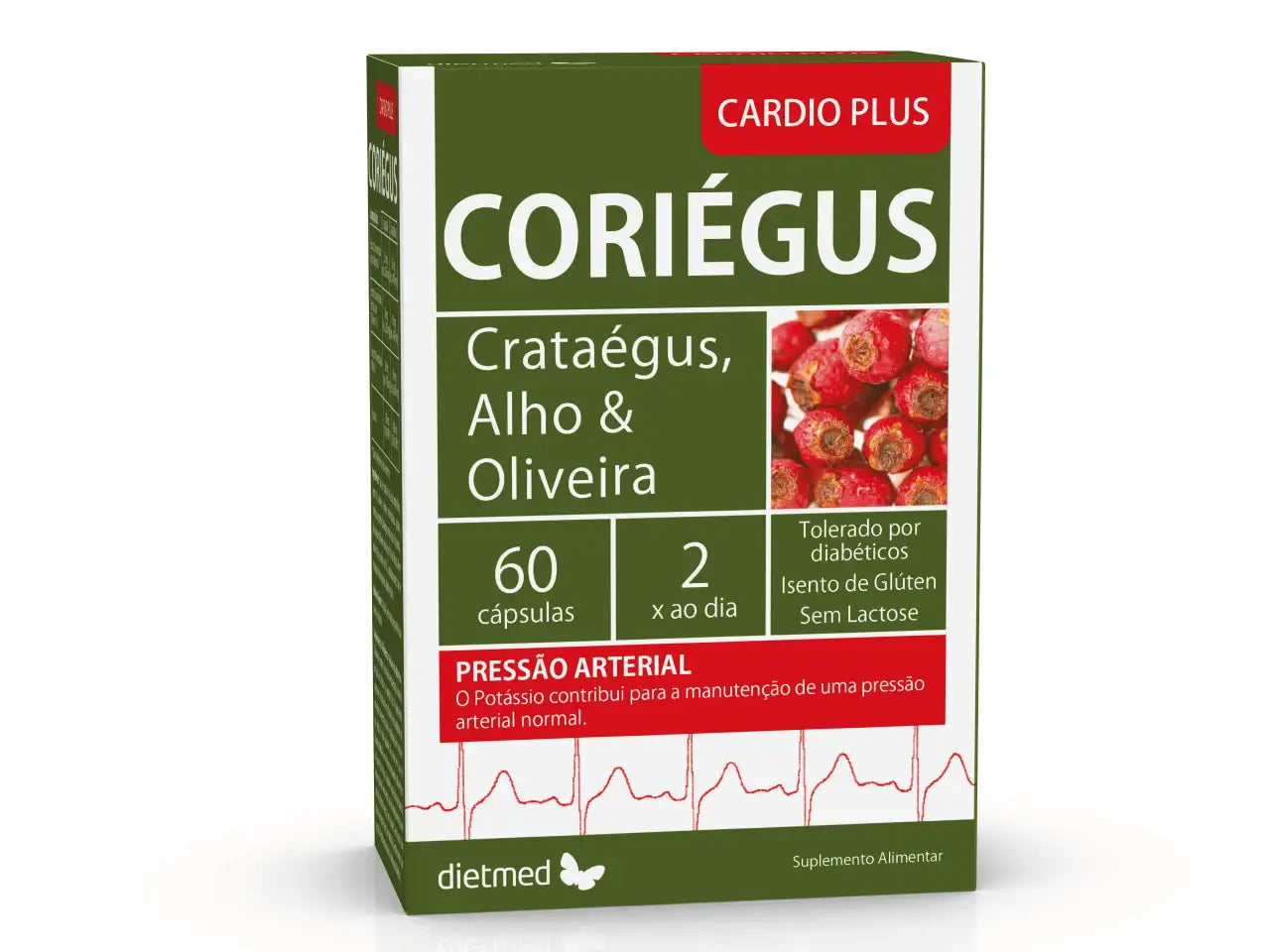 Embalagem de Coriégus Cardio Plus Dietmed, suplemento alimentar em caixa verde e branca de 60 cápsulas com crataégus, alho e oliveira.