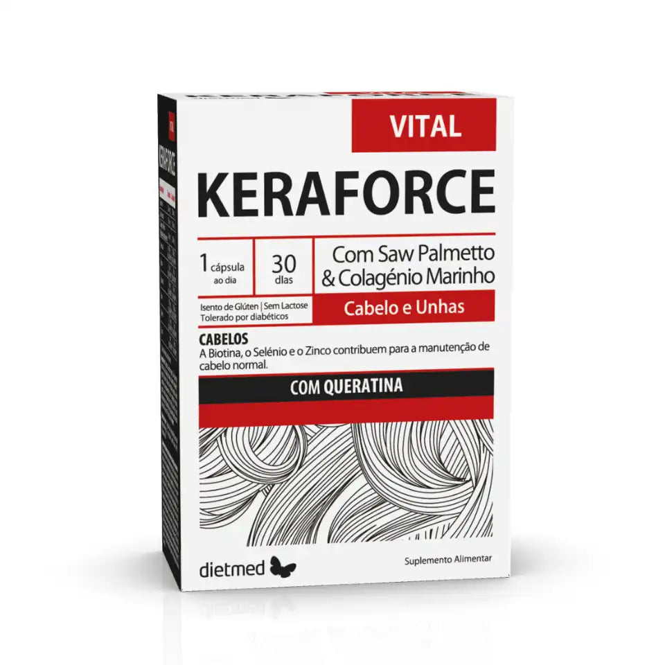 Embalagem de Keraforce Vital, suplemento em cápsulas para cabelo e unhas, com queratina, Saw Palmetto e colagénio marinho, 30 cápsulas.