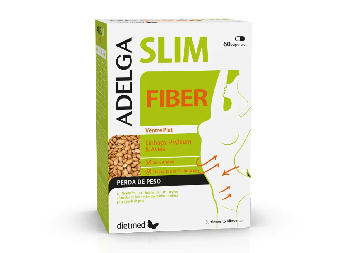 Embalagem de cartão AdelgaSlim Fiber da Dietmed, 60 cápsulas, com frente branca e verde e lateral verde.