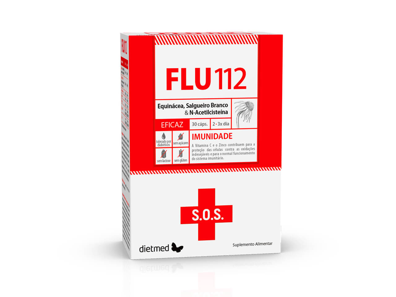 Embalagem branca e vermelha de FLU112, suplemento alimentar em caixa de 30 cápsulas.