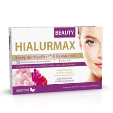 Embalagem branca, dourada e roxa de HIALURMAX Beauty, suplemento alimentar de 30 cápsulas, apresentada em perspetiva.