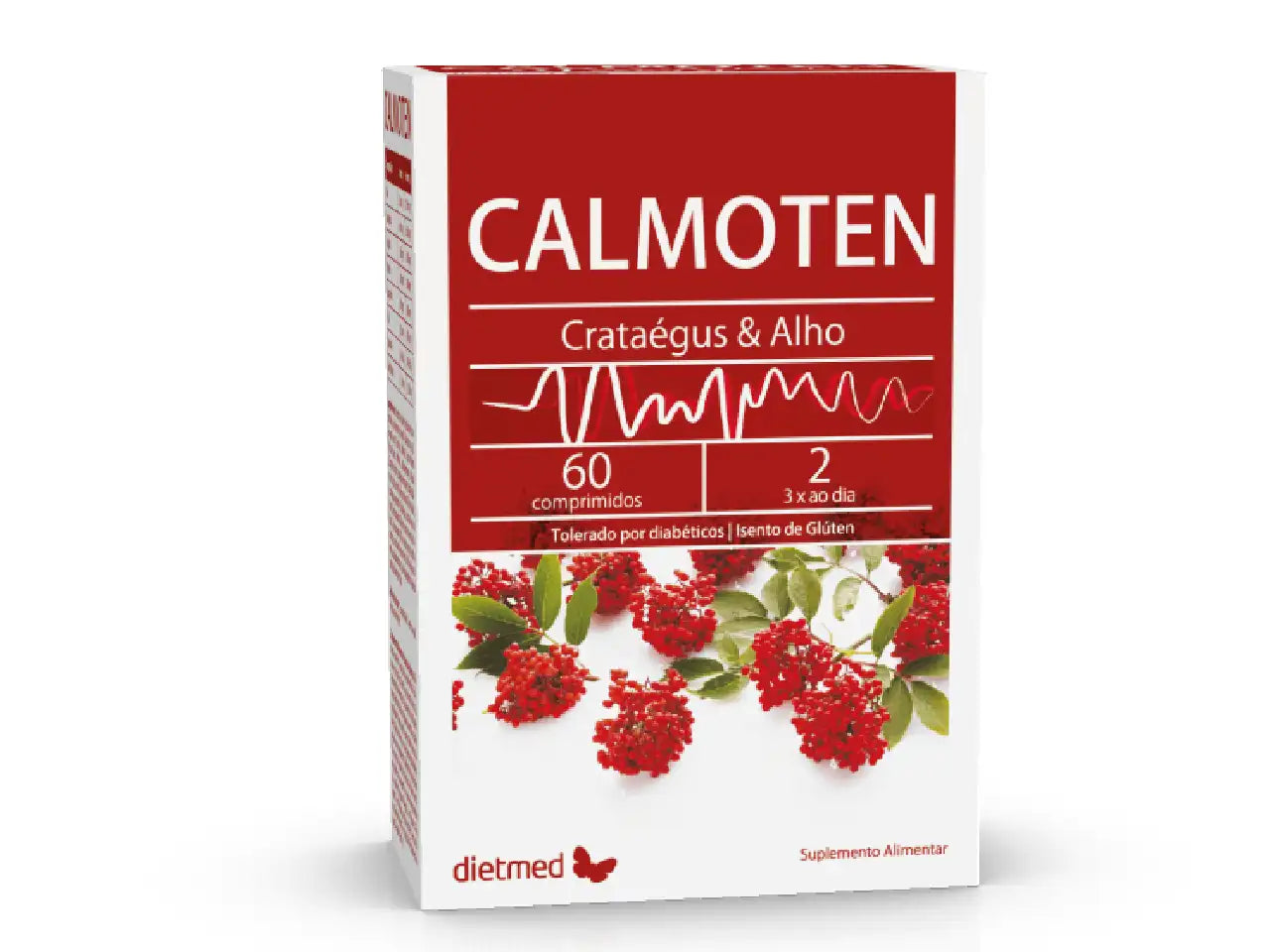 Embalagem rectangular de Calmoten Dietmed, 60 comprimidos, em branco e vermelho, com imagem de bagas de crataégus na frente.
