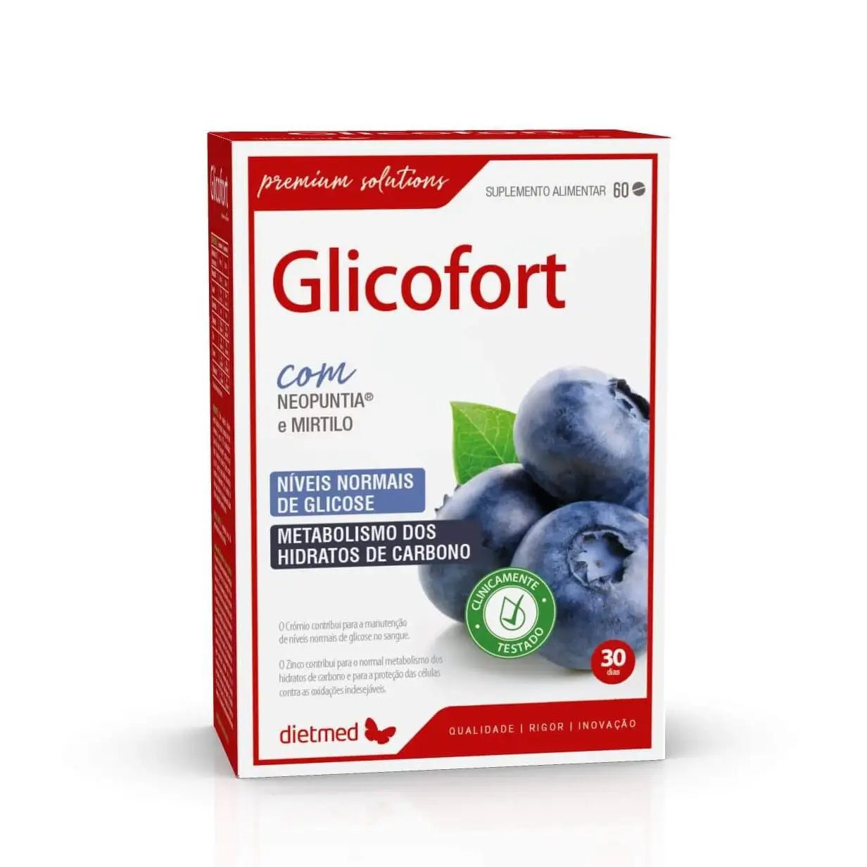 Embalagem de Glicofort Dietmed, suplemento alimentar em caixa vermelha e branca com 60 comprimidos, com imagem de mirtilos.