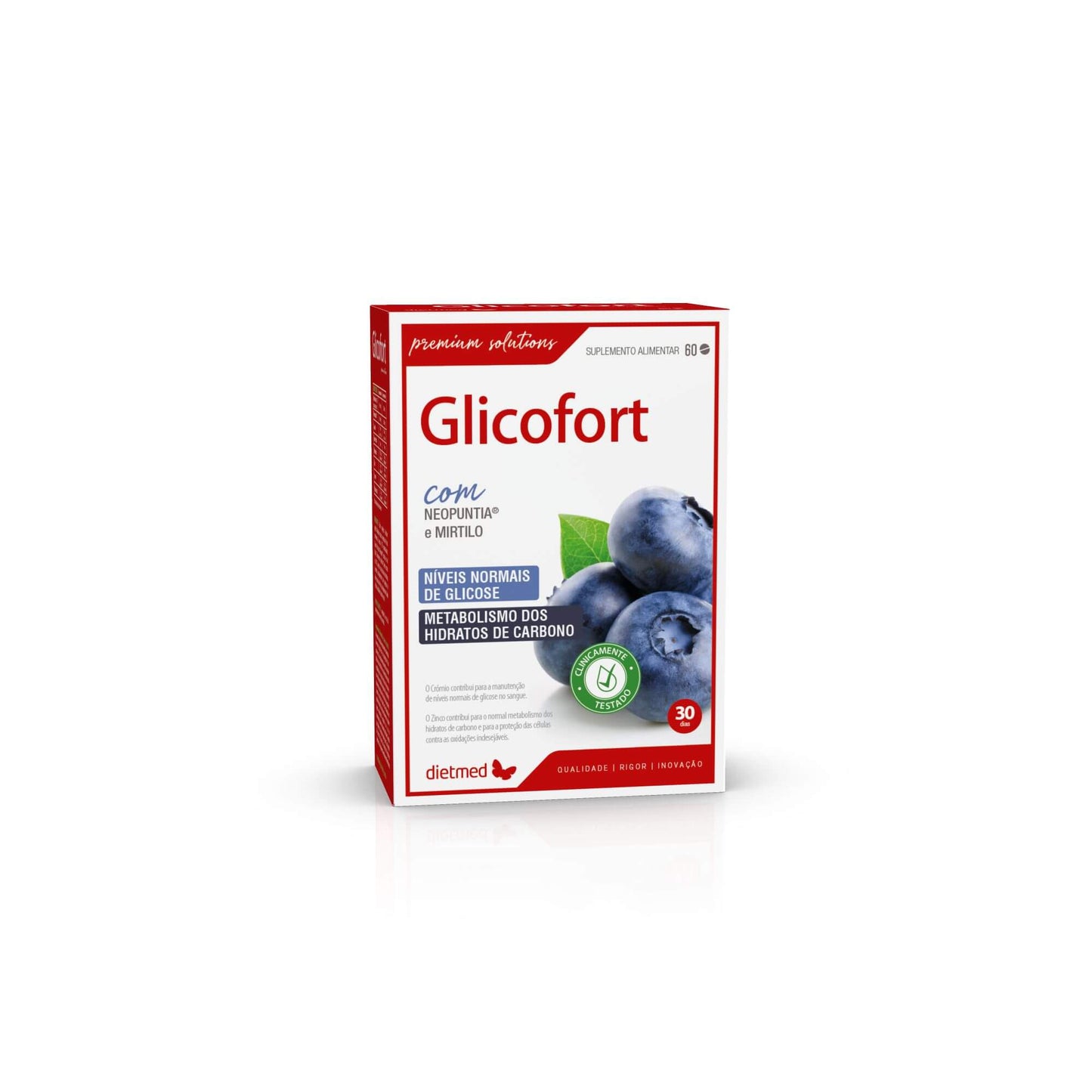 Embalagem de Glicofort Dietmed, suplemento alimentar em caixa vermelha e branca com 60 comprimidos, com imagem de mirtilos.