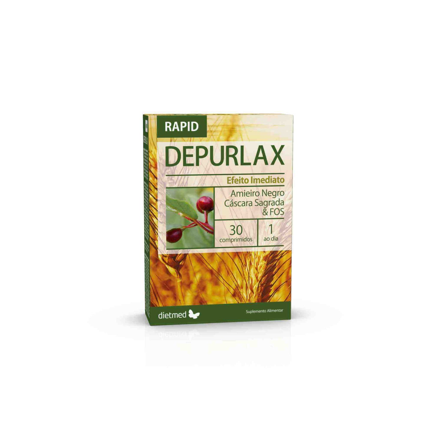 Embalagem de Depurlax Rapid Dietmed, caixa verde e dourada com 30 comprimidos, vista de frente e lateral.