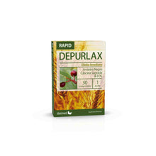 Embalagem de Depurlax Rapid Dietmed, caixa verde e dourada com 30 comprimidos, vista de frente e lateral.
